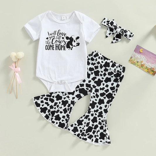 3 Pieces Set Baby Girls Animals Print Rompers Cow Pants And Bow Headwear