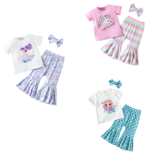 3 Pieces Set Baby Kid Girls Letters Cartoon Print T-Shirts And Pants And Bow Headwear