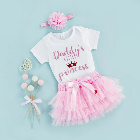 3 Pieces Set Baby Girls Letters Print Rompers And Solid Color Bow Skirts And Flower Headwear