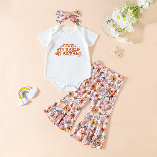 3 Pieces Set Baby Girls Letters Flower Print Rompers And Pants And Bow Headwear