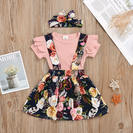 3 Pieces Set Kid Girls Solid Color Tops And Flower Print Dresses And Bow Headwear