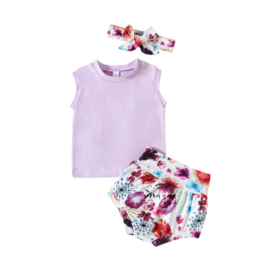 3 Pieces Set Baby Girls Solid Color Tank Tops And Flower Print Shorts And Headwear