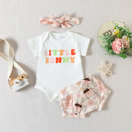 3 Pieces Set Baby Girls Easter Letters Print Rompers And Rabbit Cartoon Shorts And Headwear