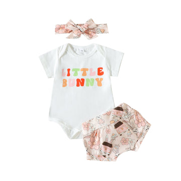 3 Pieces Set Baby Girls Easter Letters Print Rompers And Rabbit Cartoon Shorts And Headwear