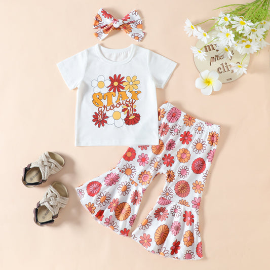 3 Pieces Set Baby Kid Girls Flower Print T-Shirts And Pants And Headwear