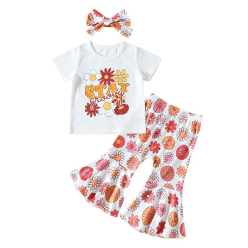 3 Pieces Set Baby Kid Girls Flower Print T-Shirts And Pants And Headwear