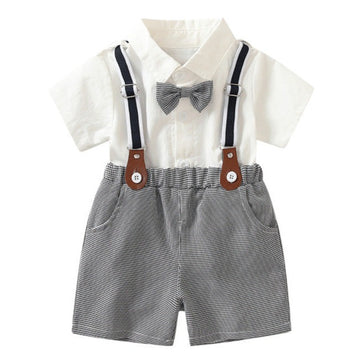 2 Pieces Set Baby Kid Boys Dressy Solid Color Bow Shirts And Checked Suits Jumpsuits