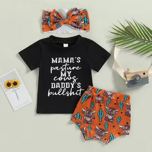 3 Pieces Set Baby Girls Letters T-Shirts Animals Shorts And Bow Headwear