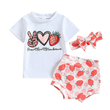 3 Pieces Set Baby Girls Letters T-Shirts Animals Shorts And Bow Headwear