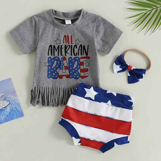 3 Pieces Set Baby Kid Girls Independence Day Letters Tops Striped Shorts And Bow Headwear