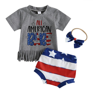 3 Pieces Set Baby Kid Girls Independence Day Letters Tops Striped Shorts And Bow Headwear