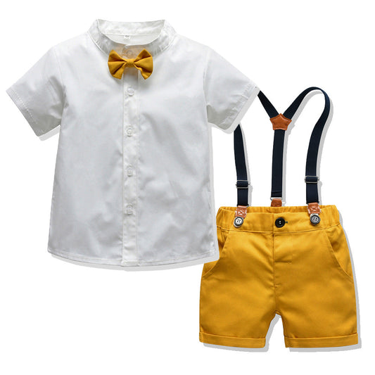 2 Pieces Set Baby Kid Big Kid Boys Birthday Party Bow Shirts And Color-blocking Rompers