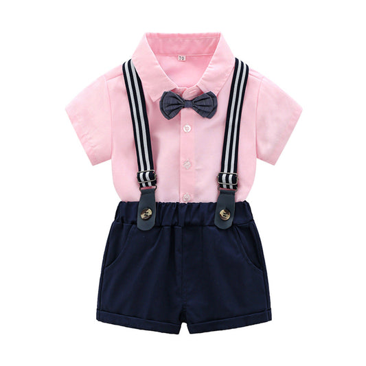 2 Pieces Set Baby Kid Boys Solid Color Bow Shirts And Suits Rompers