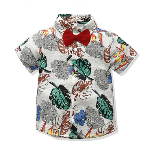 2 Pieces Set Baby Kid Boys Dressy Flower Bow Print Shirts And Solid Color Shorts Suits