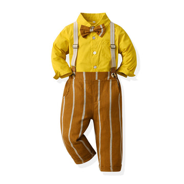 2 Pieces Set Baby Kid Big Kid Boys Birthday Party Solid Color Bow Shirts And Striped Jumpsuits