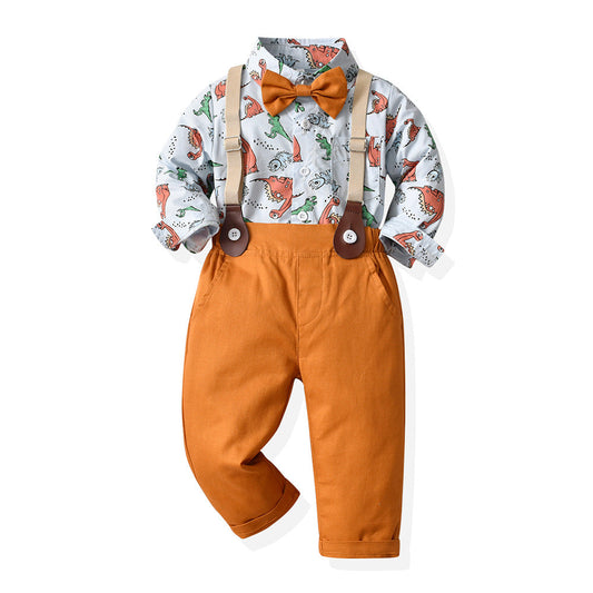 Fashion 2 Pieces Set Baby Kid Big Kid Boys Birthday Party Dinosaur Bow Print Shirts And Solid Color Jumpsuits