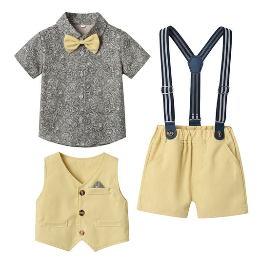 Fashion 3 Pieces Set Baby Kid Boys Birthday Flower Bow Print Shirts Solid Color Vests Waistcoats And Rompers