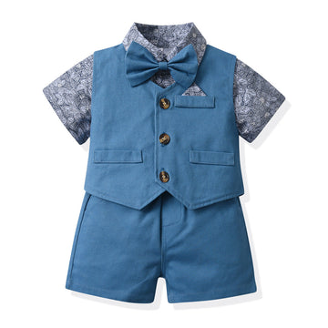 Fashion 3 Pieces Set Baby Kid Boys Birthday Flower Bow Print Shirts Solid Color Vests Waistcoats And Rompers