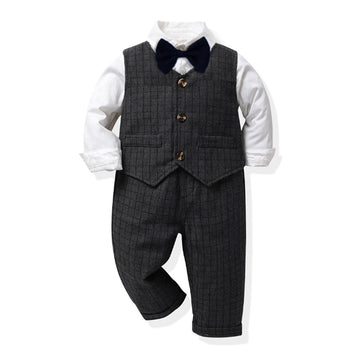 3 Pieces Set Baby Kid Boys Birthday Party Solid Color Bow Shirts And Checked Vests Waistcoats And Jumpsuits