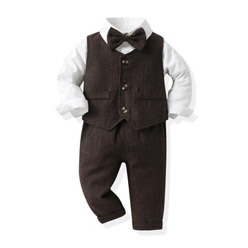 3 Pieces Set Baby Kid Big Kid Boys Birthday Party Solid Color Bow Shirts And Vests Waistcoats And Jumpsuits