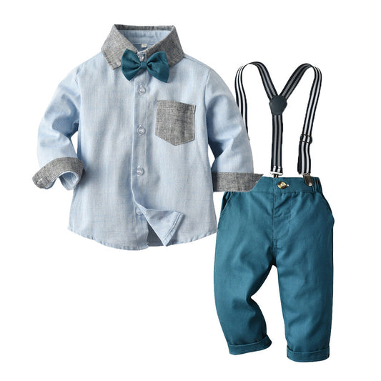 Cute 2 Pieces Set Baby Kid Boys Birthday Color-blocking Bow Shirts And Solid Color Pants