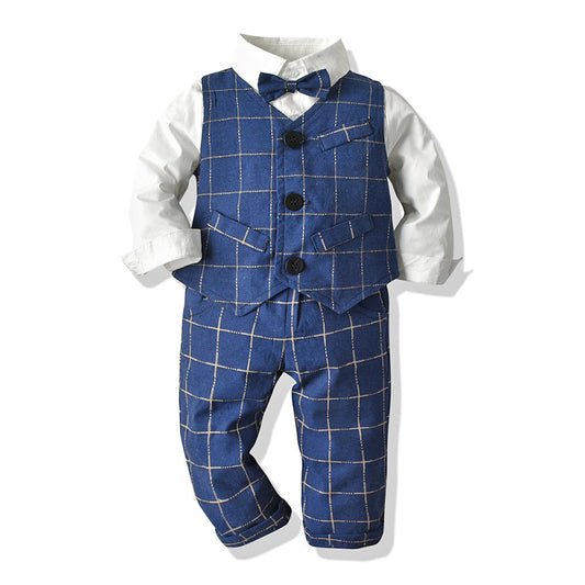 3 Pieces Set Baby Kid Boys Birthday Party Solid Color Bow Shirts And Striped Checked Vests Waistcoats And Pants