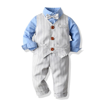 3 Pieces Set Baby Kid Boys Birthday Party Solid Color Bow Shirts And Striped Checked Vests Waistcoats And Pants