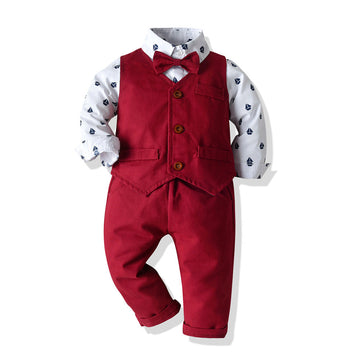 3 Pieces Set Baby Kid Boys Birthday Bow Print Shirts And Solid Color Vests Waistcoats And Pants