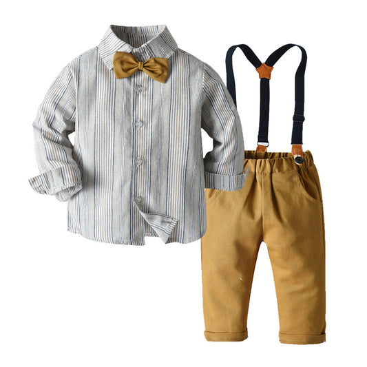 Cute 2 Pieces Set Baby Kid Big Kid Boys Birthday Party Bow Shirts And Color-blocking Jumpsuits