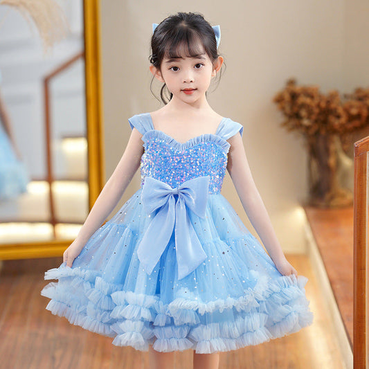 Cute Baby Kid Girls Color-blocking Bow Lace Princess Dresses