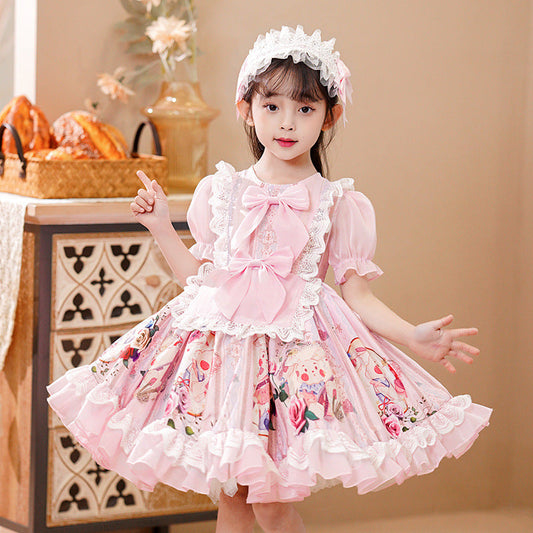 Cute Kid Girls Cartoon Bow Print Birthday Dresses Princess Dresses