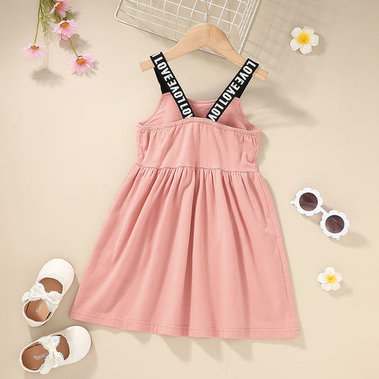 Baby Kid Girls Letters Solid Color Bow Print Dresses