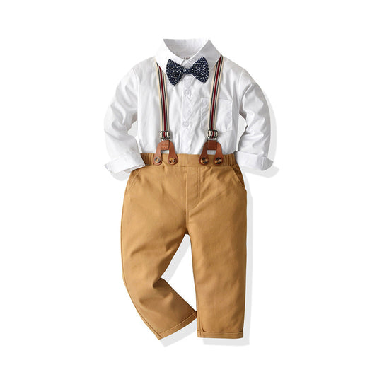 Fashion 2 PCS Boy Polka Dots Bow Tie Shirt Matching Suspender Pants Gentleman Outfit