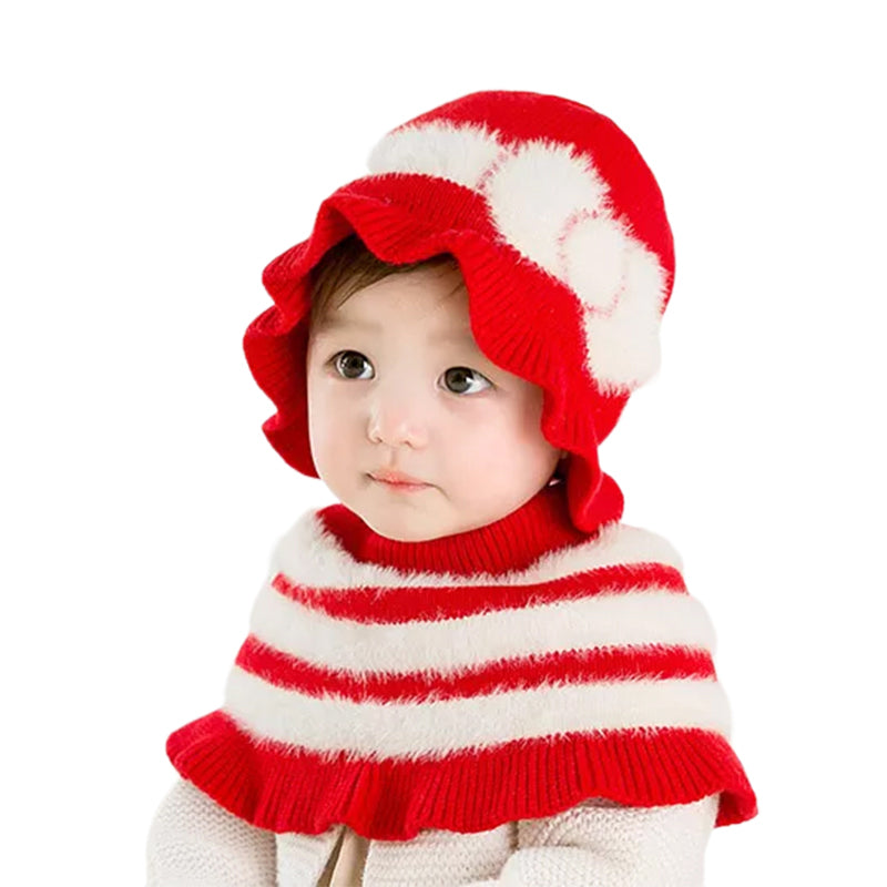 2 Pieces Baby Bow Ruffle Stripe Hat & Scarf