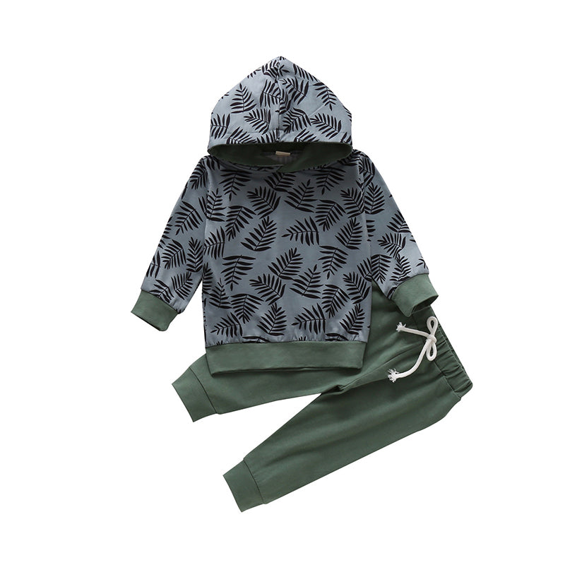 2 Pieces Baby Boy Plant Print Hoodie & Drawstring Trousers