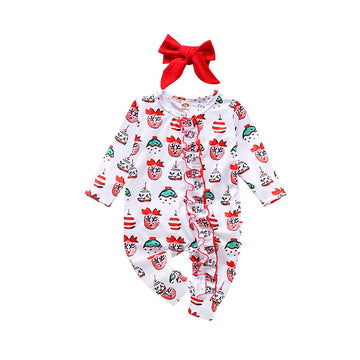 Cute Baby Girls Boys Bow Print Christmas Jumpsuits Headwear