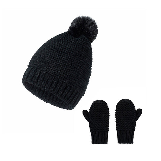 2 Pieces Baby Girl Solid Color Pom Pom Hat Matching Gloves