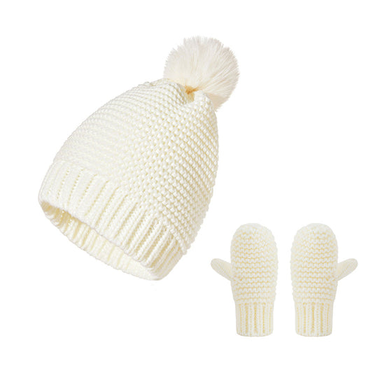 2 Pieces Baby Girl Solid Color Pom Pom Hat Matching Gloves