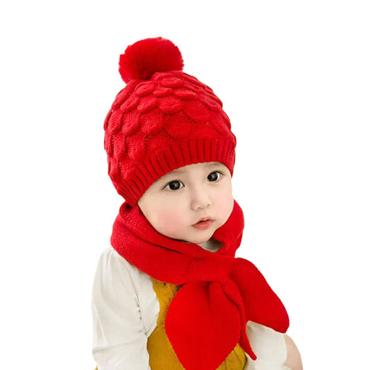 Girls Boys Solid Color Crochet Knitwear Beanie & Scarf