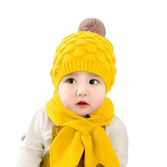 Girls Boys Solid Color Crochet Knitwear Beanie & Scarf