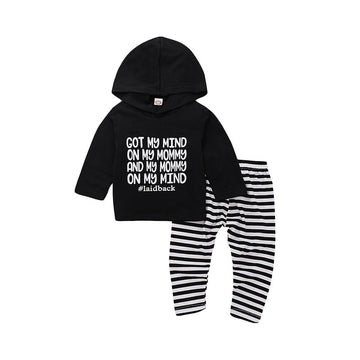 2 Pieces Baby Letter Hooded Sweatshirt And Stripe Pants Set