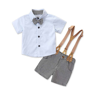 2 Pieces Baby Toddler Boy Houndstooth Pattern Set Bow Shirt And Suspender Shorts