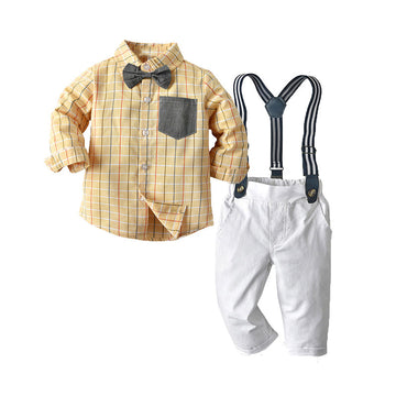 2 Pieces Gentleman Boy Suits Bowtie Checked Top And White Suspender Pants Set