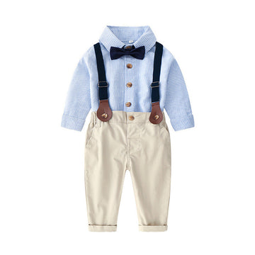 2 Pieces Infant Toddler Boy Handsome Set Bowtie Stripe Shirt And Suspender Pants