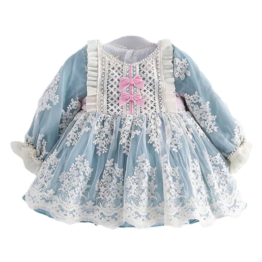 2 Pieces Infant Toddler Girl Party Embroidery Flowers Lace Princess Dress With Headband