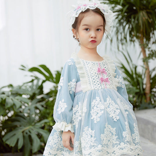 2 Pieces Infant Toddler Girl Party Embroidery Flowers Lace Princess Dress With Headband