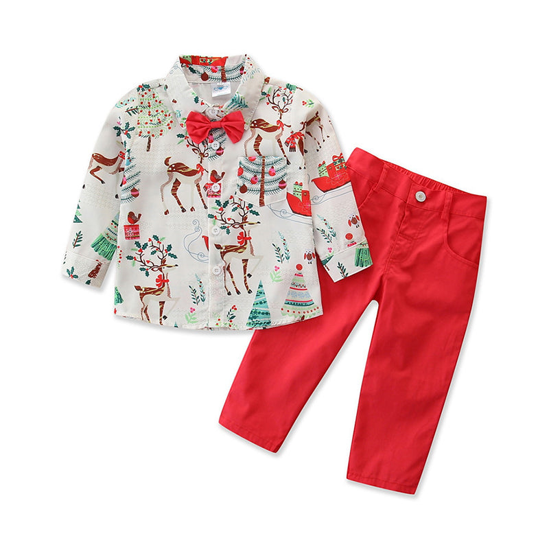 2 Pieces Set Baby Kid Boys Dressy Christmas Animals Plant Bow Print Shirts And Solid Color Pants