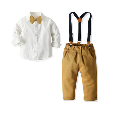 2 Pieces Kid Boy Gentleman Set Bowtie White Shirt With Overall Pants