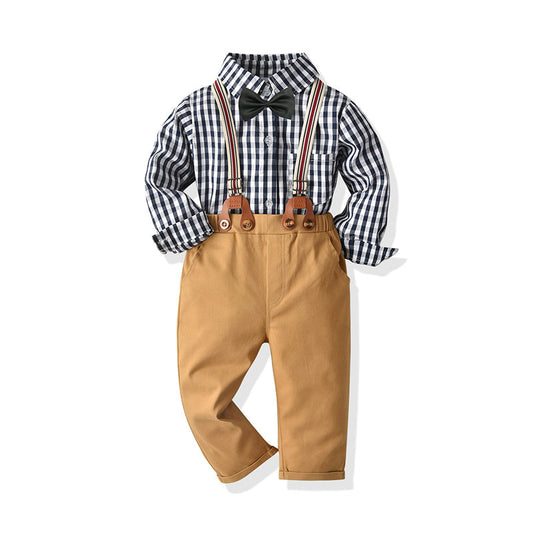 Fashion 2 Pieces Set Baby Kid Boys Dressy Checked Bow Shirts And Solid Color Pants