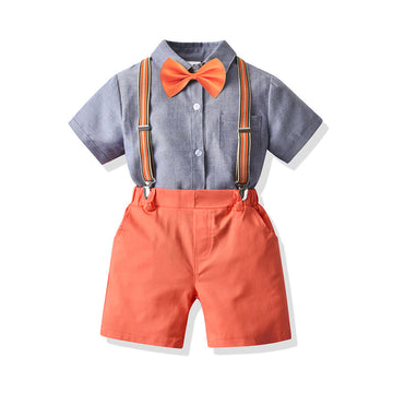 2 Pieces Kid Boy Party Set Bowtie Shirt & Suspender Shorts